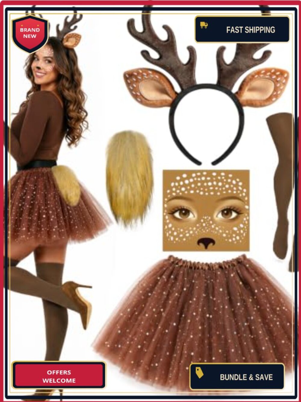Deer Costume Set 5 Pcs Antler Headband Tail Tutu Socks Face Stickers Adult